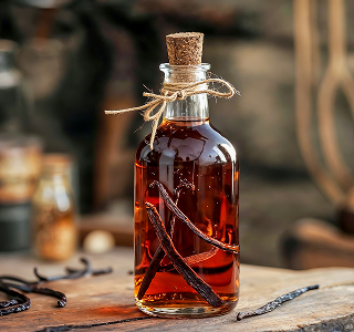 Bouteille de rhum ambré avec des gousses de vanille