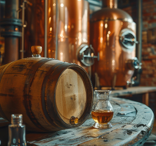 Tonneau en chêne et alambics en cuivre dans une distillerie