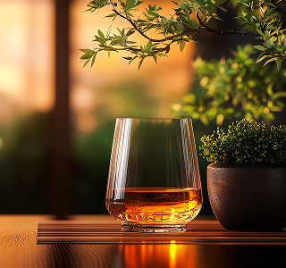 Verre de whisky japonais posé sur une table avec une lumière chaleureuse