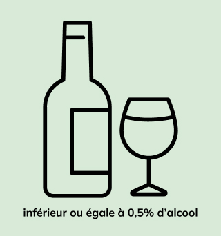 Icône d'une bouteille et d'un verre de vin avec la mention inférieur ou égale à 0,5% d'alcool