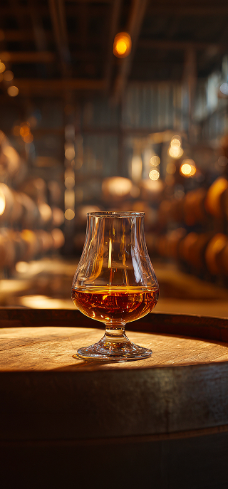 Verre de cognac posé sur un tonneau dans une cave de vieillissement