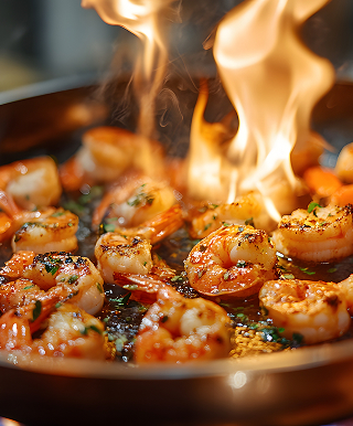 Crevettes flambées dans une poêle