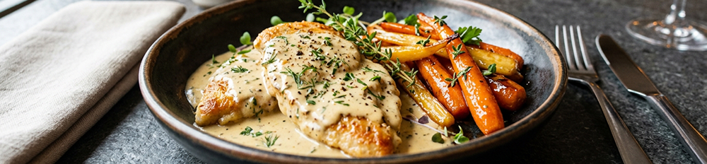 Escalopes crémeuses et carottes glacées au miel