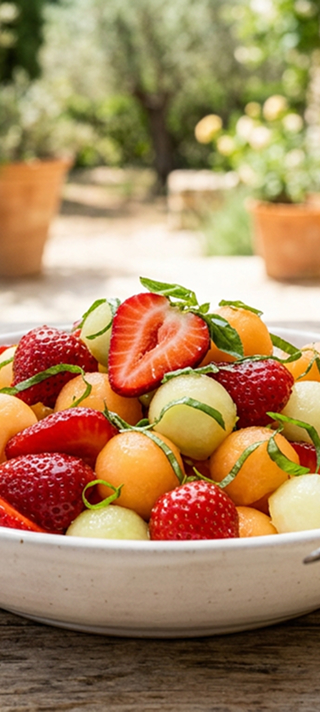 Salade de fruits d'été acidulée : fraises, melon et sirop de basilic