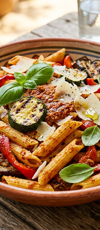 Salade de pâtes revisitée : penne au pesto rosso et légumes grillés