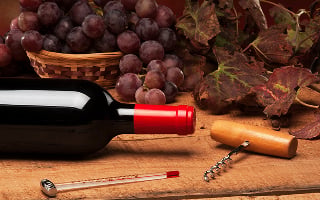 Bouteille de vin couchée avec thermomètre et tire-bouchon