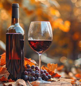Bouteille et verre de vin rouge Beaujolais dans un décor automnal