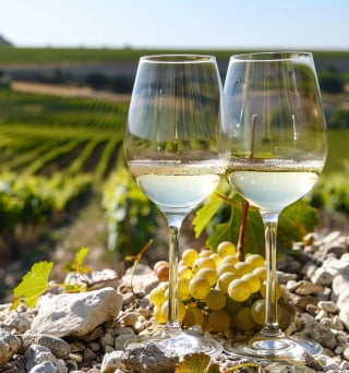 verres de vin blanc et vignes
